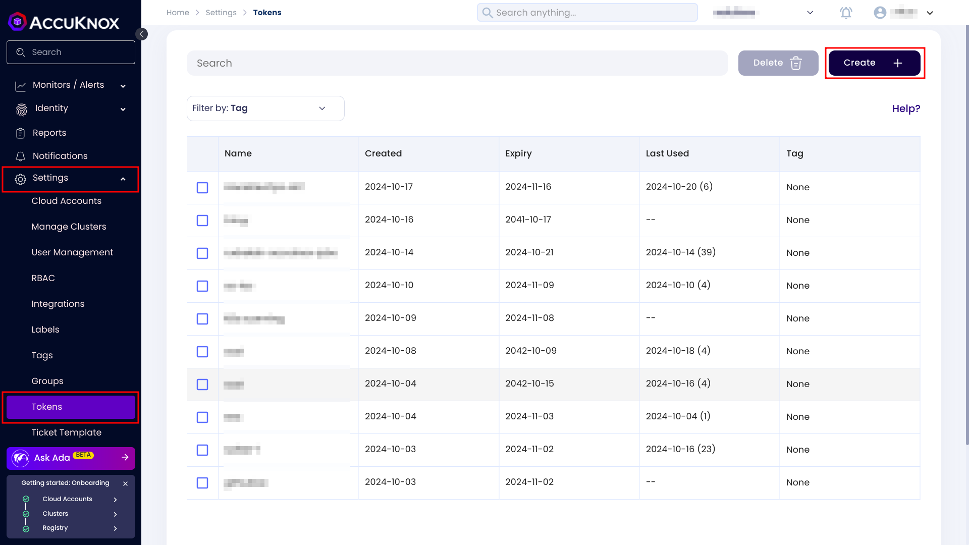 Screenshot of the AccuKnox tokens page