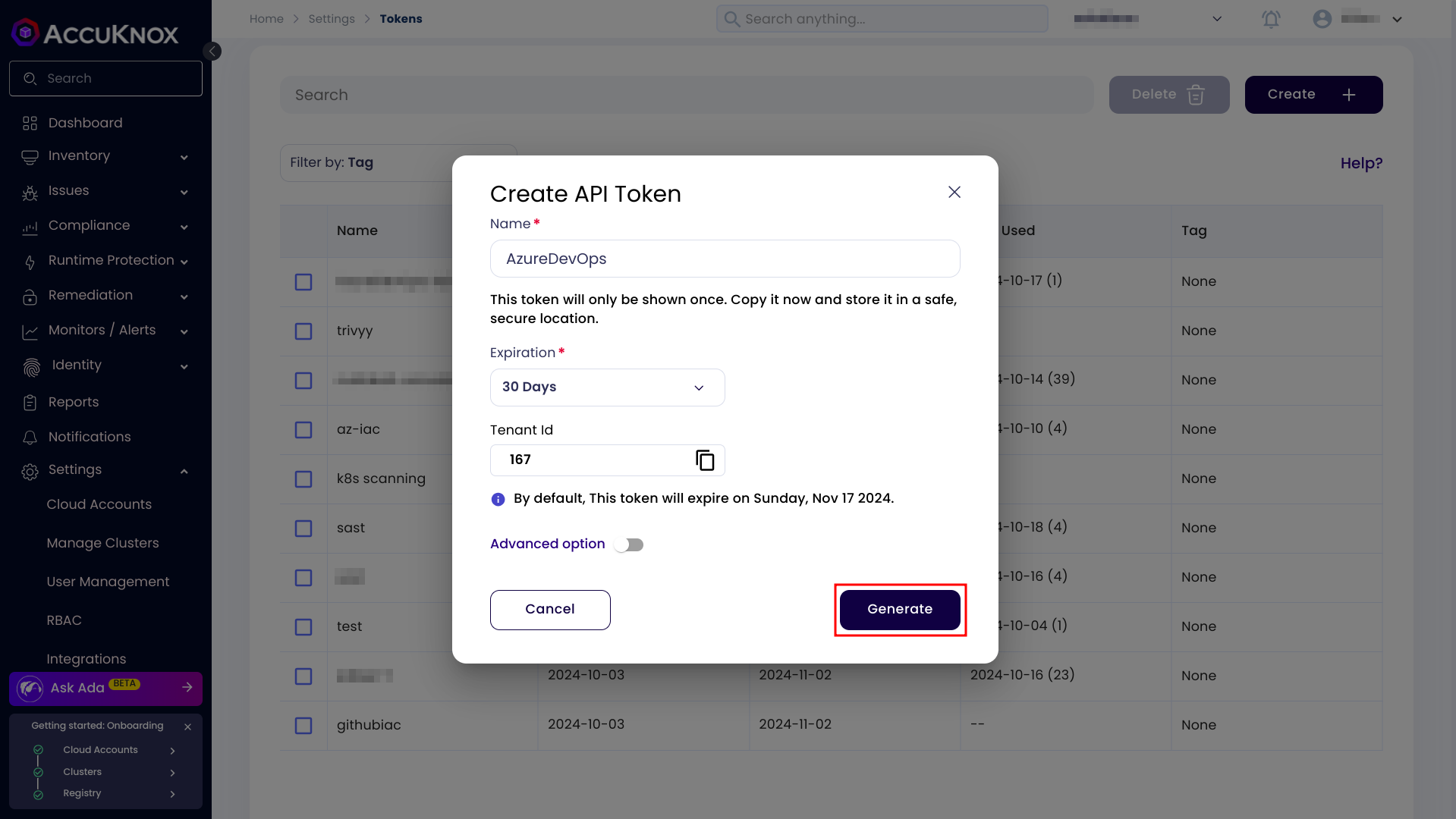 Screenshot of the AccuKnox tokens page