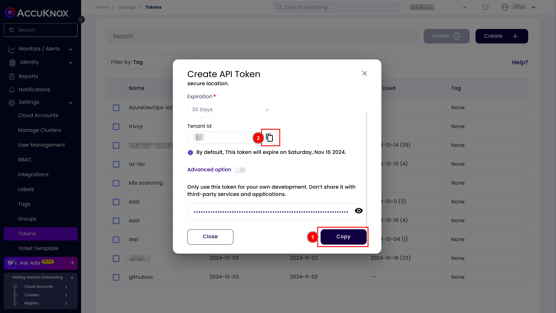 Screenshot of the AccuKnox tokens page